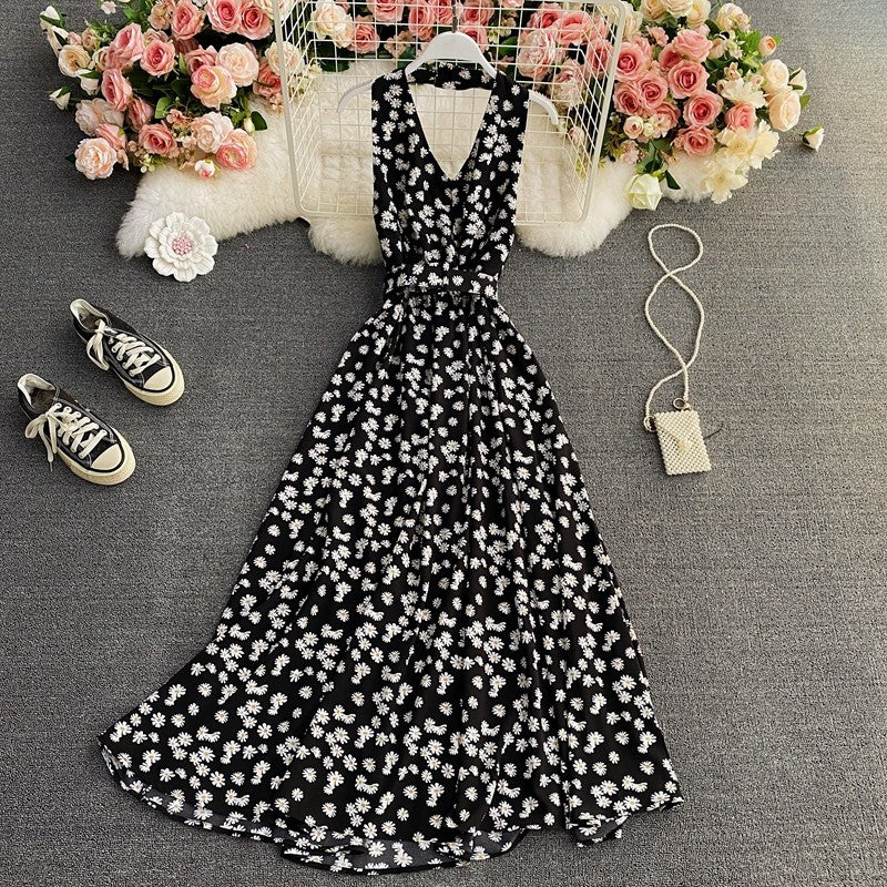 Floral Halter V Chiffon Dress