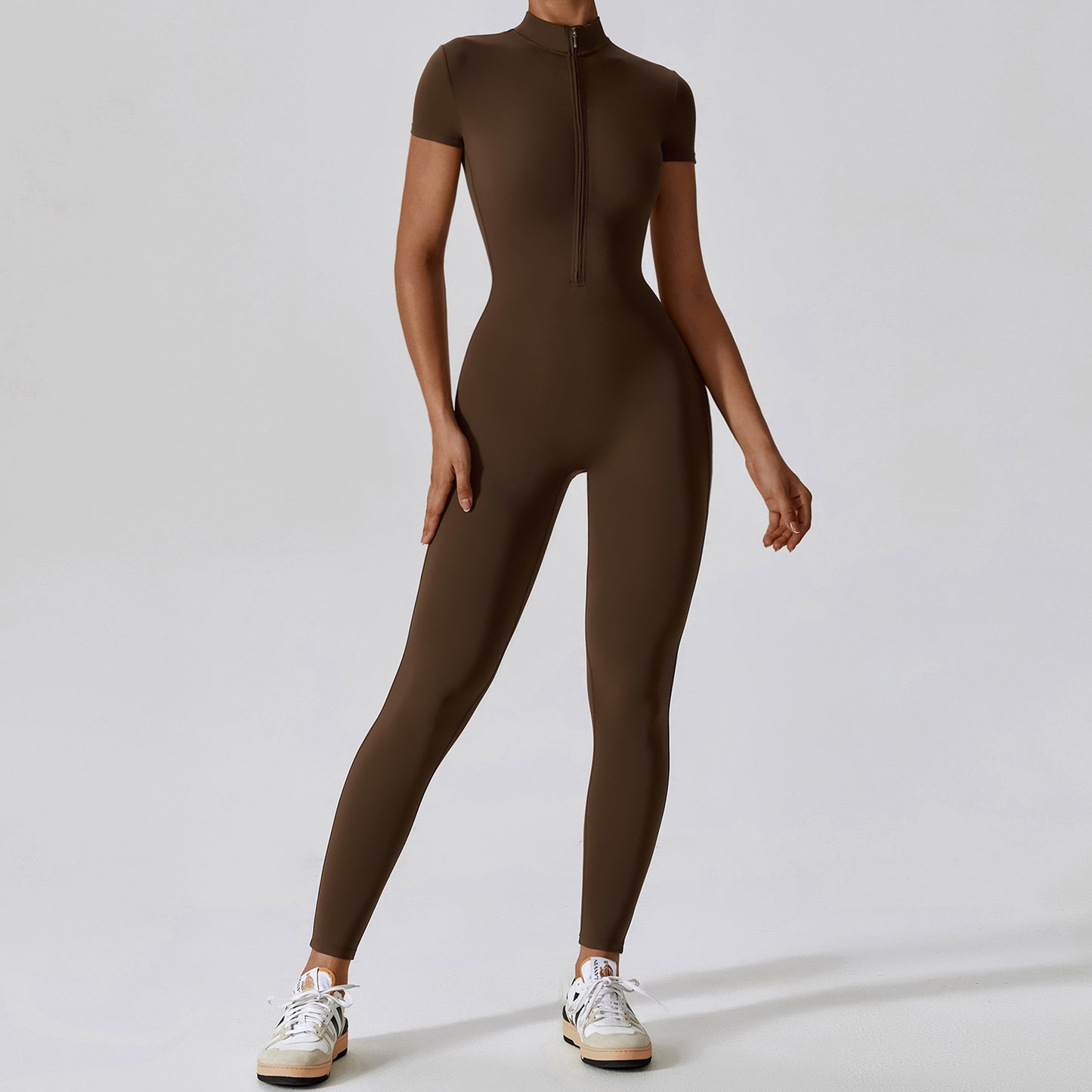 Reißverschluss Kurzarm Nude Feel Yoga Jumpsuit Damen Oberbekleidung Fitness Sport Einteilige Strumpfhose