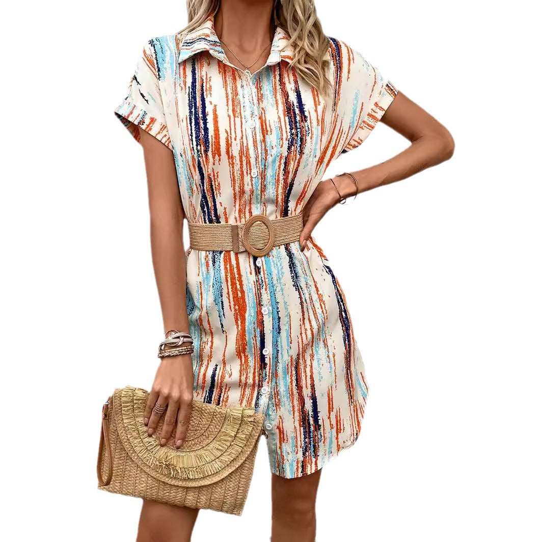 Women's Blouse Collar Dress Short Sleeve Printing