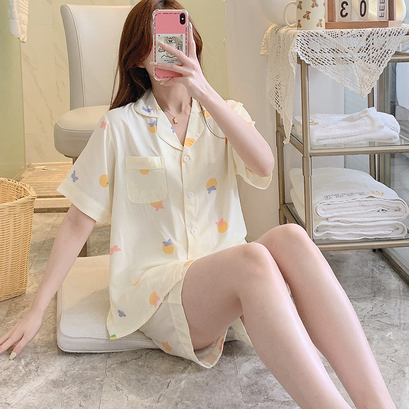 Poplin Pajamas Female Thin Short-sleeved Shorts Cartoon Printing Suit