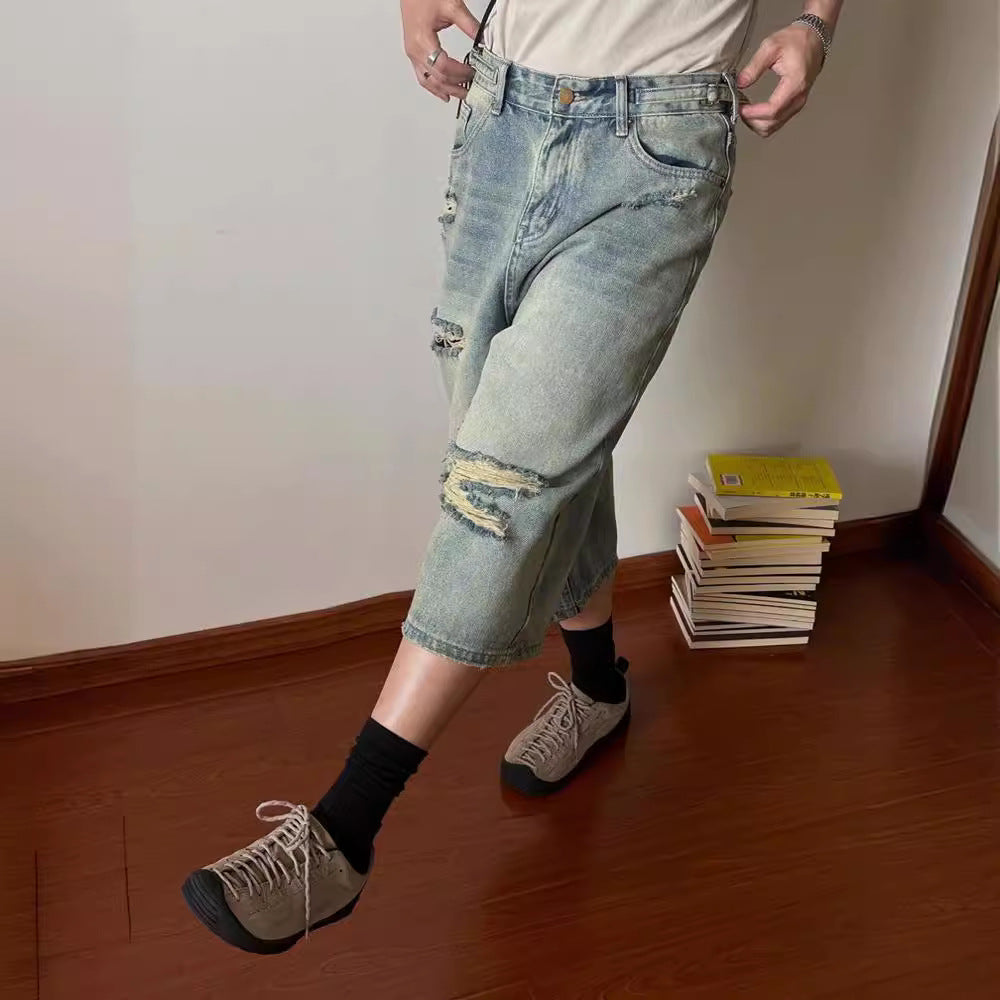 Ripped Wide-legged Jeans Loose Retro Washed Straight Short Pants