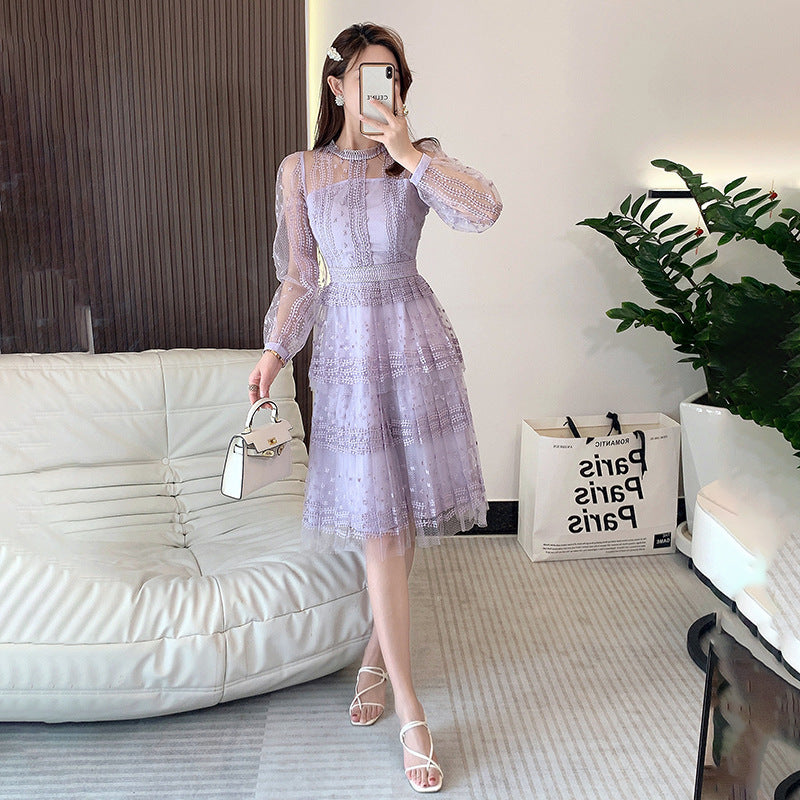 Lilac Purple Lace Stitching Mesh Embroidered Long Sleeve Round Neck See-through Dress