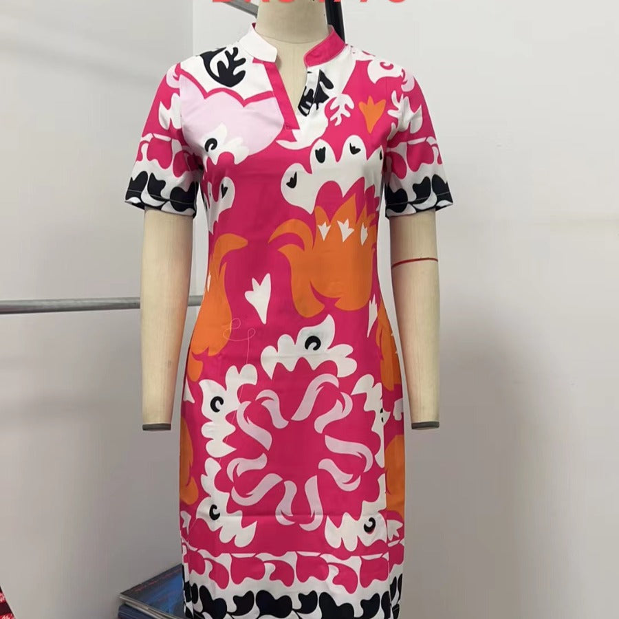 Women's Graceful And Fashionable Short Sleeve Printed V-neck Dress