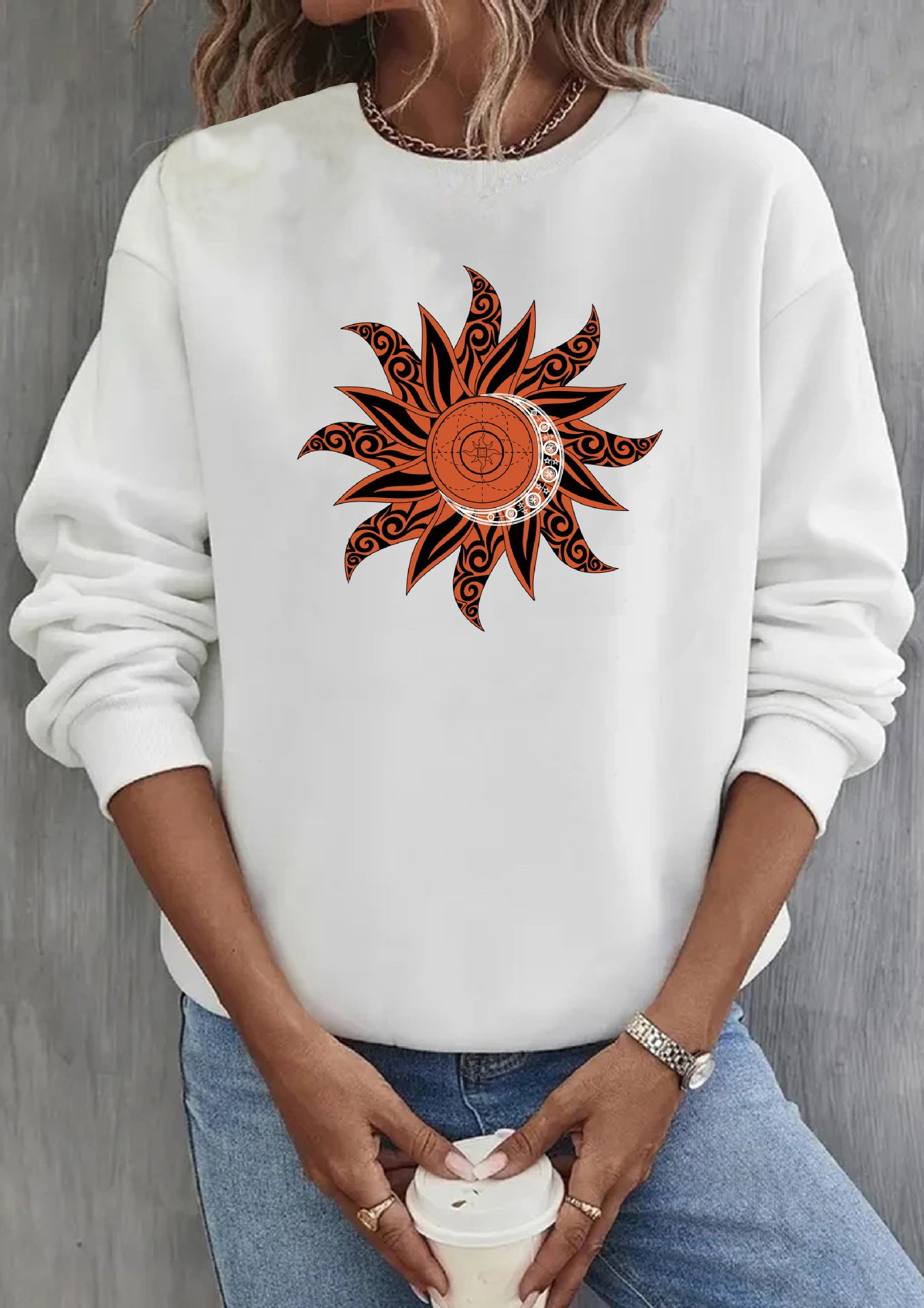 Loose Sun Series Fashion Print Round Neck Sweater