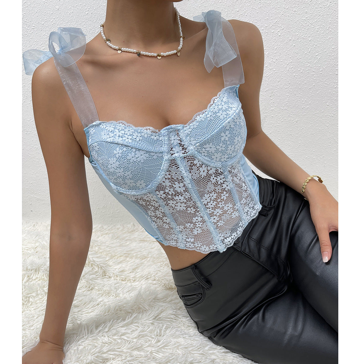 Lace Floral Strap Mesh Hollow Out Cutout Diamond Boning Corset Vest Women Clothing