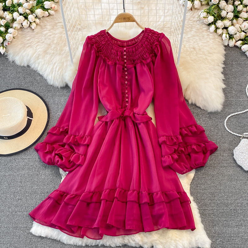 Ruffled Lantern Sleeves Round Neck Chiffon Dress