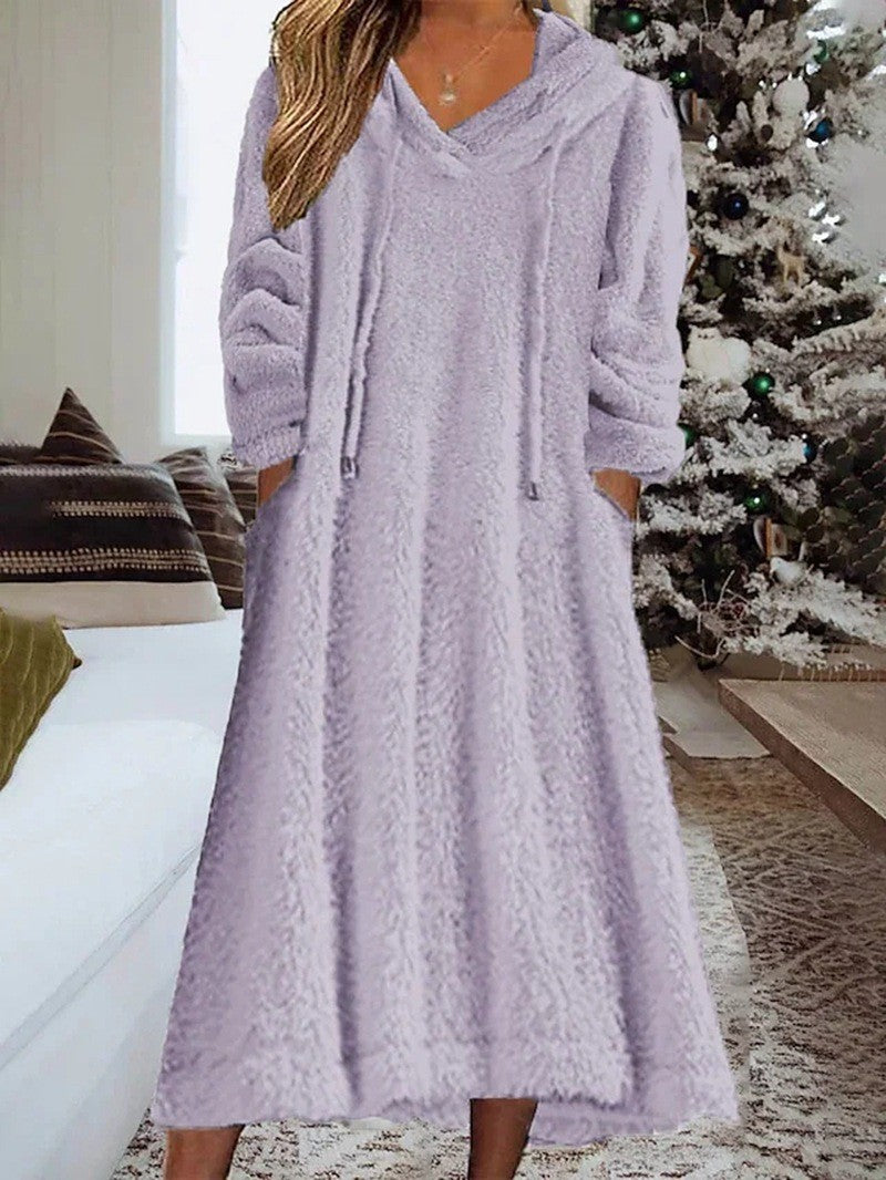 Loose Casual Fluff Hooded Long Sleeve Dress