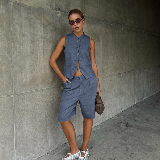 Conjunto de chaleco sin mangas azul minimalista neutro de dos piezas para mujer