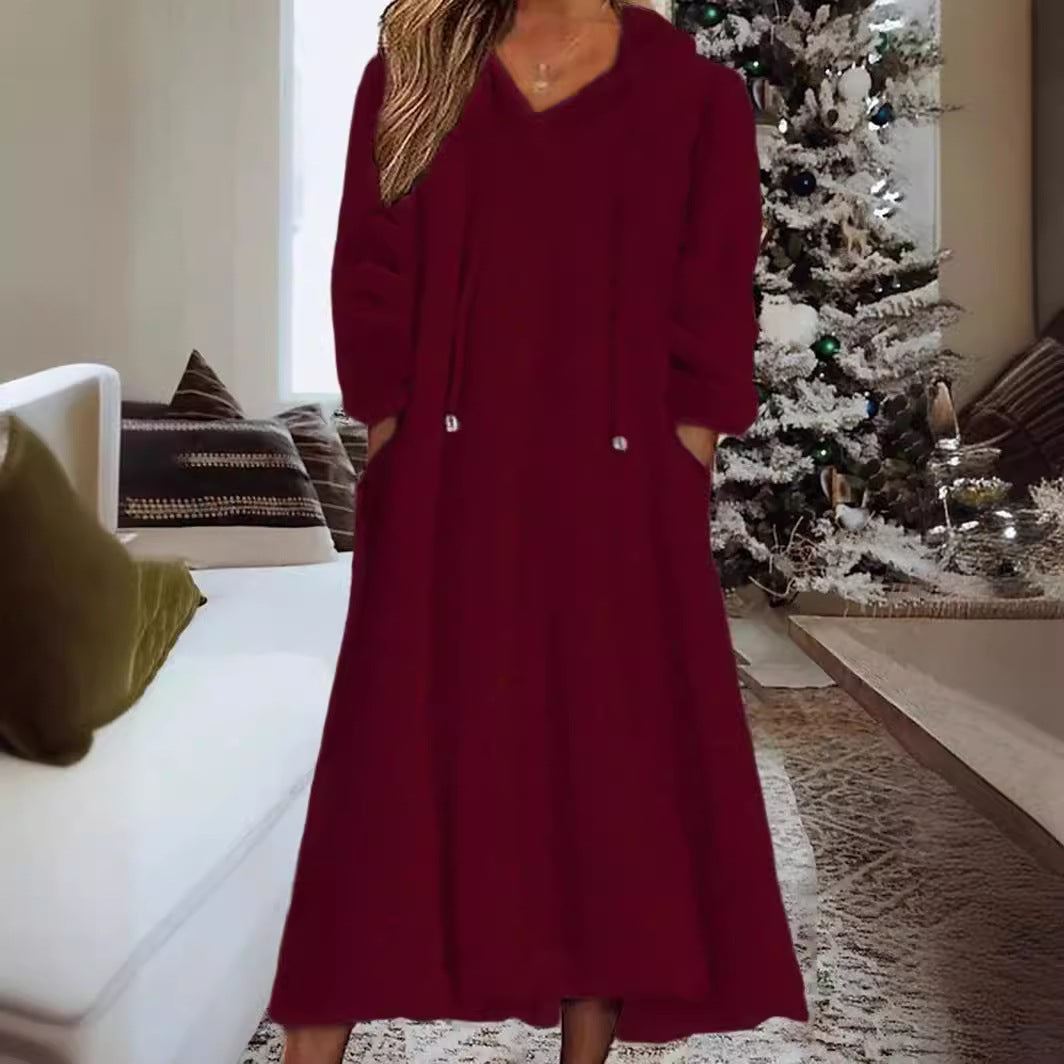 Loose Casual Fluff Hooded Long Sleeve Dress