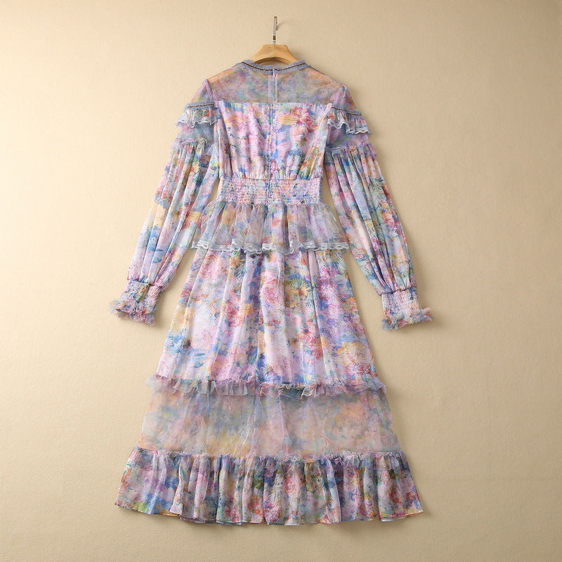 Smocking Elastic Waist Voile Printed Super Long Sleeve Dress