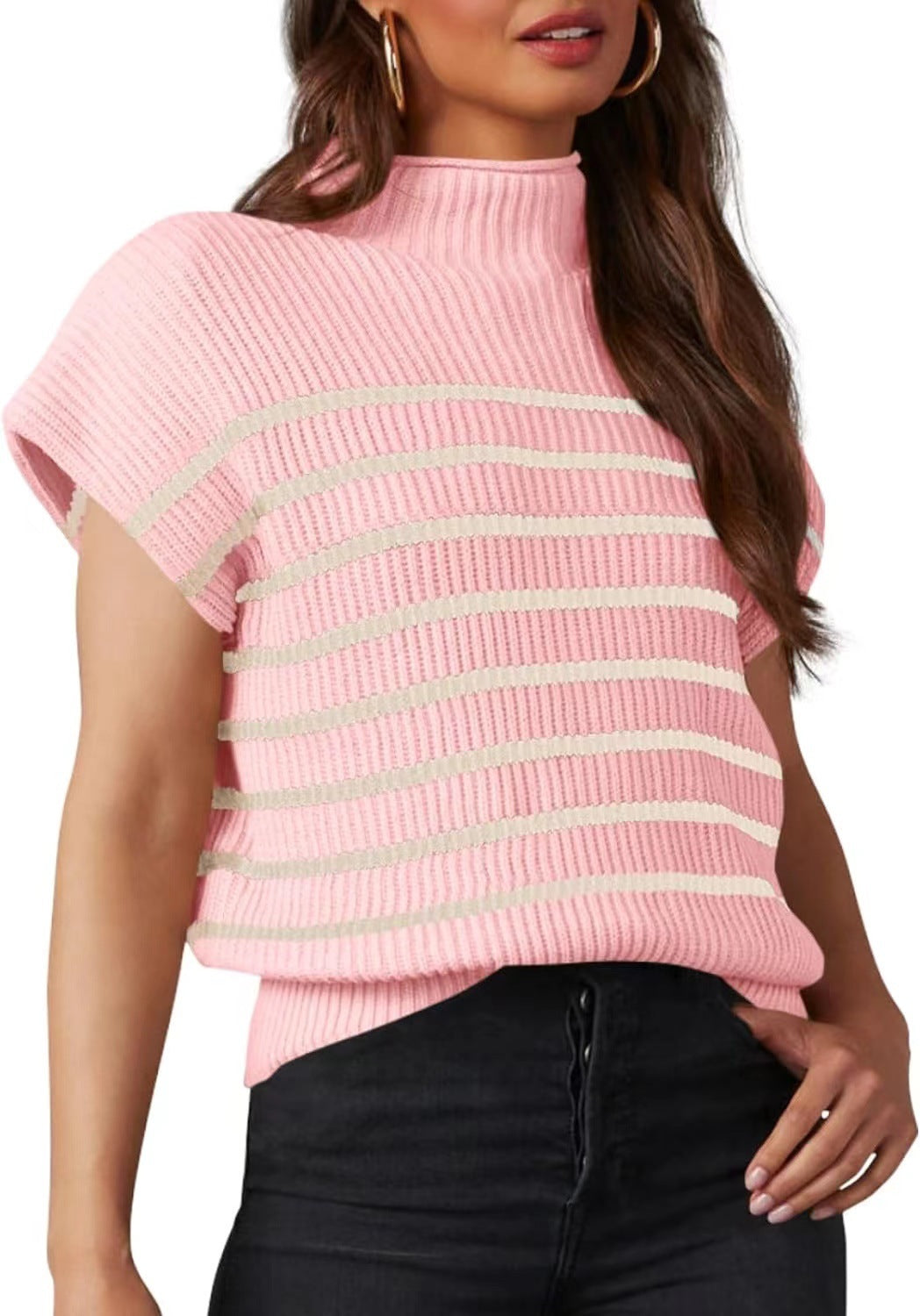 Women's Vest Sleeveless Turtleneck Slim Striped