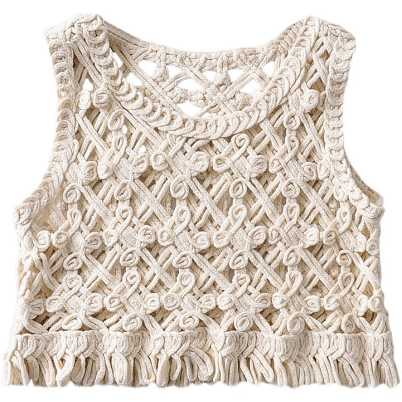 Niche Design Vintage Crocheted Cutout Sling First Love Travel Vacation Outer Wear Loose Vest Western Top