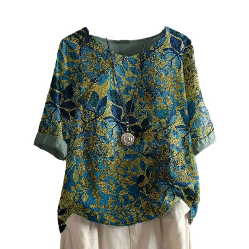 Women's Vintage Print Cotton And Linen Short Sleeve