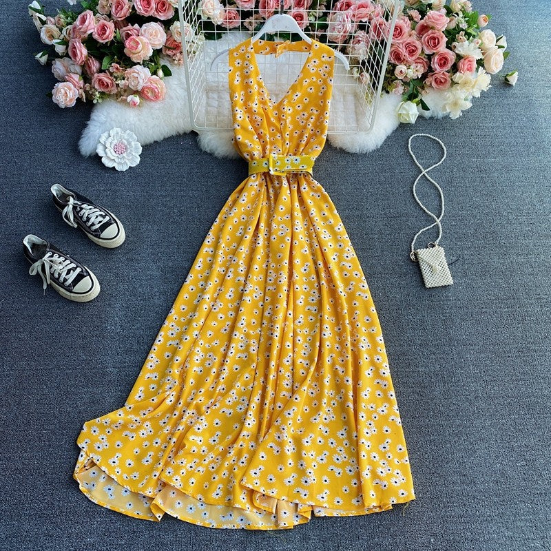 Floral Halter V Chiffon Dress