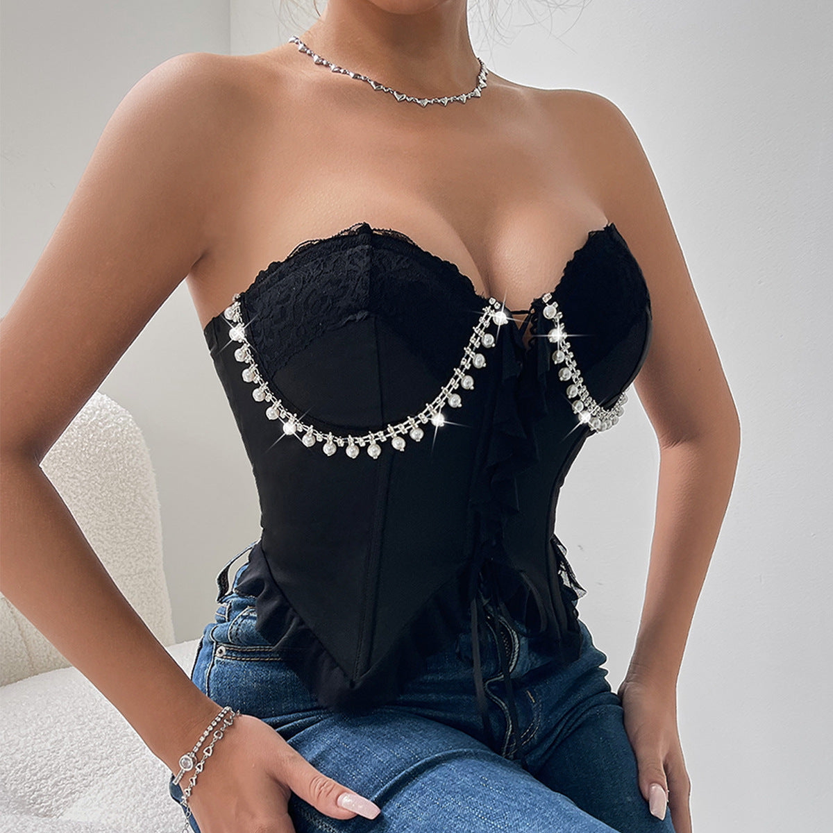 Summer Princess Pearl Drill Chain Irregular Asymmetric Tether Steel Ring Boning Corset Lace Slim Fit Tube Top