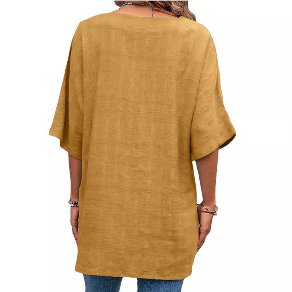 Women's V-neck Solid Color Cotton And Linen Top