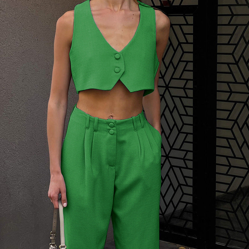 Solid Color V neck Sleeveless Vest Cropped Pants Suit Summer Women Clothing Two Piece Suit