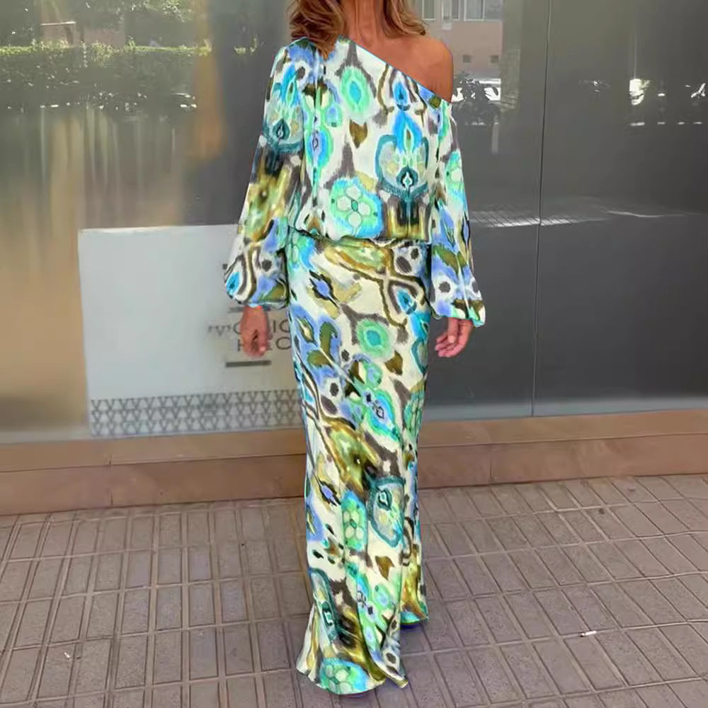 Loose Printed Long Sleeve Off-the-shoulder Top Half-length Fishtail Dress Suit