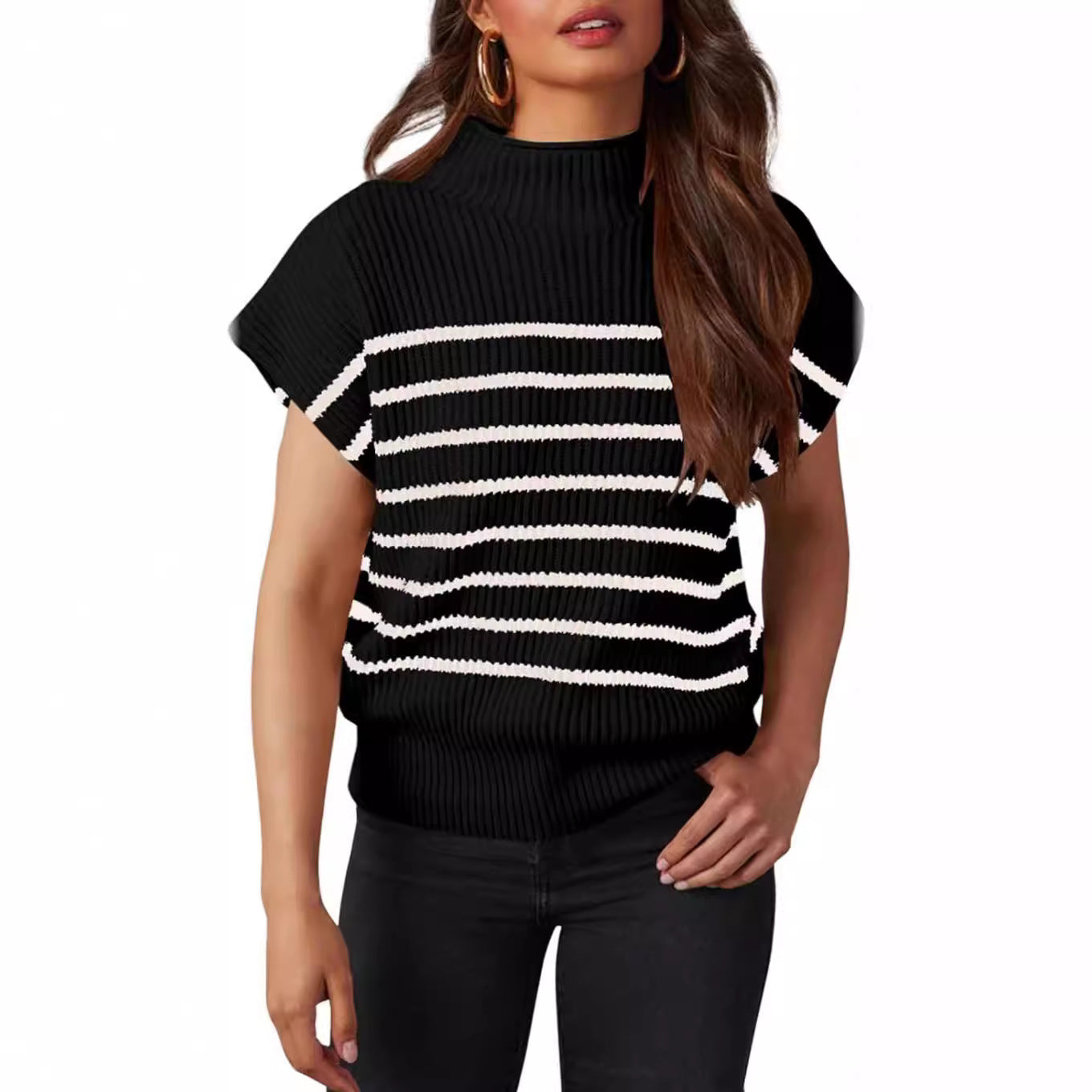 Women's Vest Sleeveless Turtleneck Slim Striped