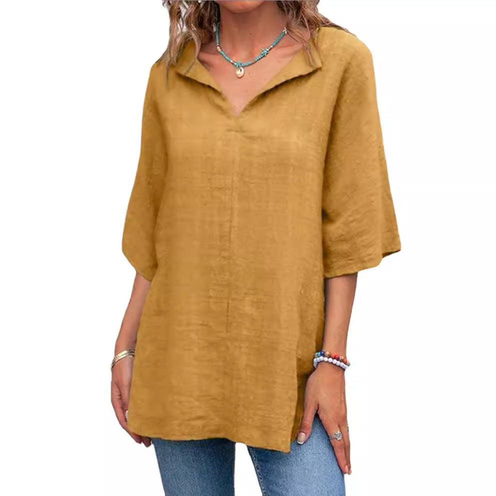 Women's V-neck Solid Color Cotton And Linen Top