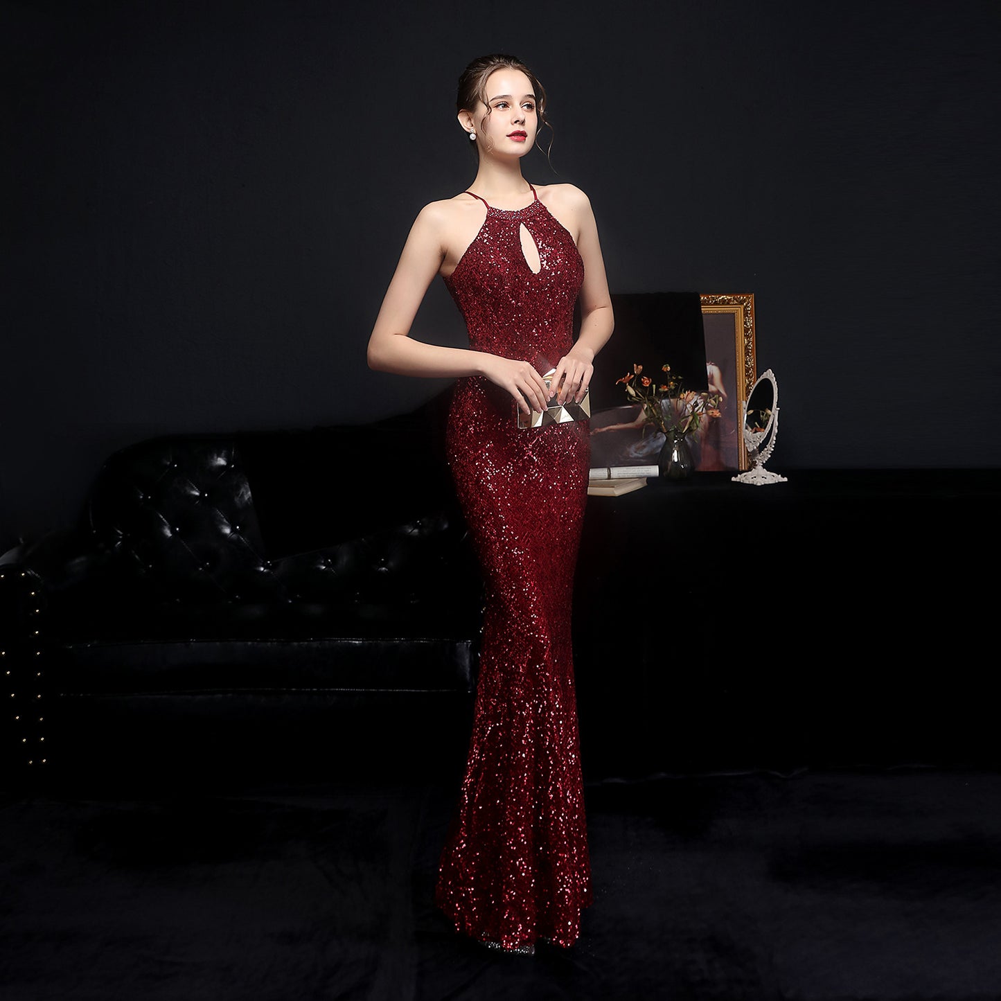 Cocktail Elegant Long Halter Set Diamond Sequined Aura Queen Fishtail Evening Dress