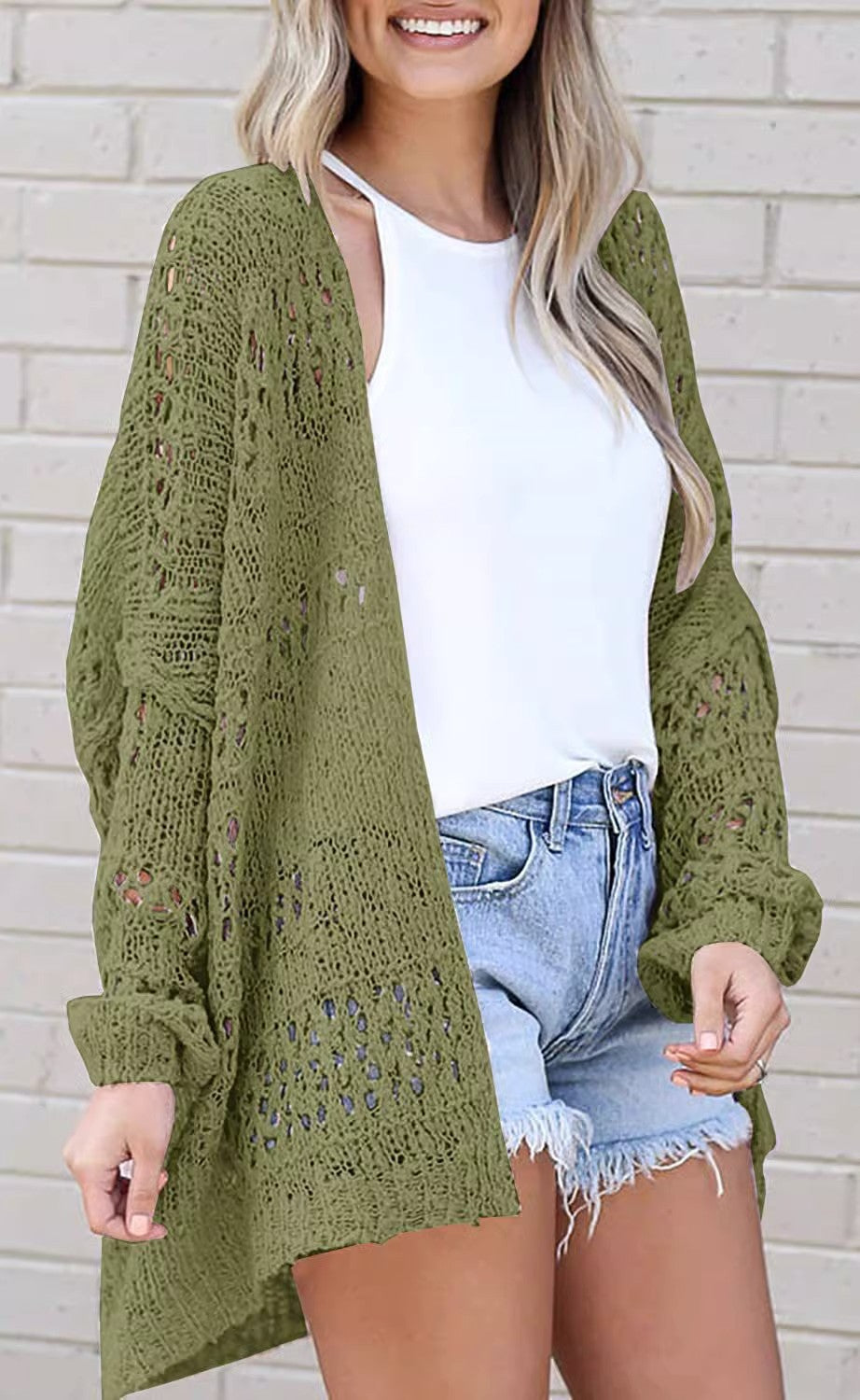 Bohemian Crochet Coat Hollow Out Cutout out Solid Color Women Knitted Cardigan