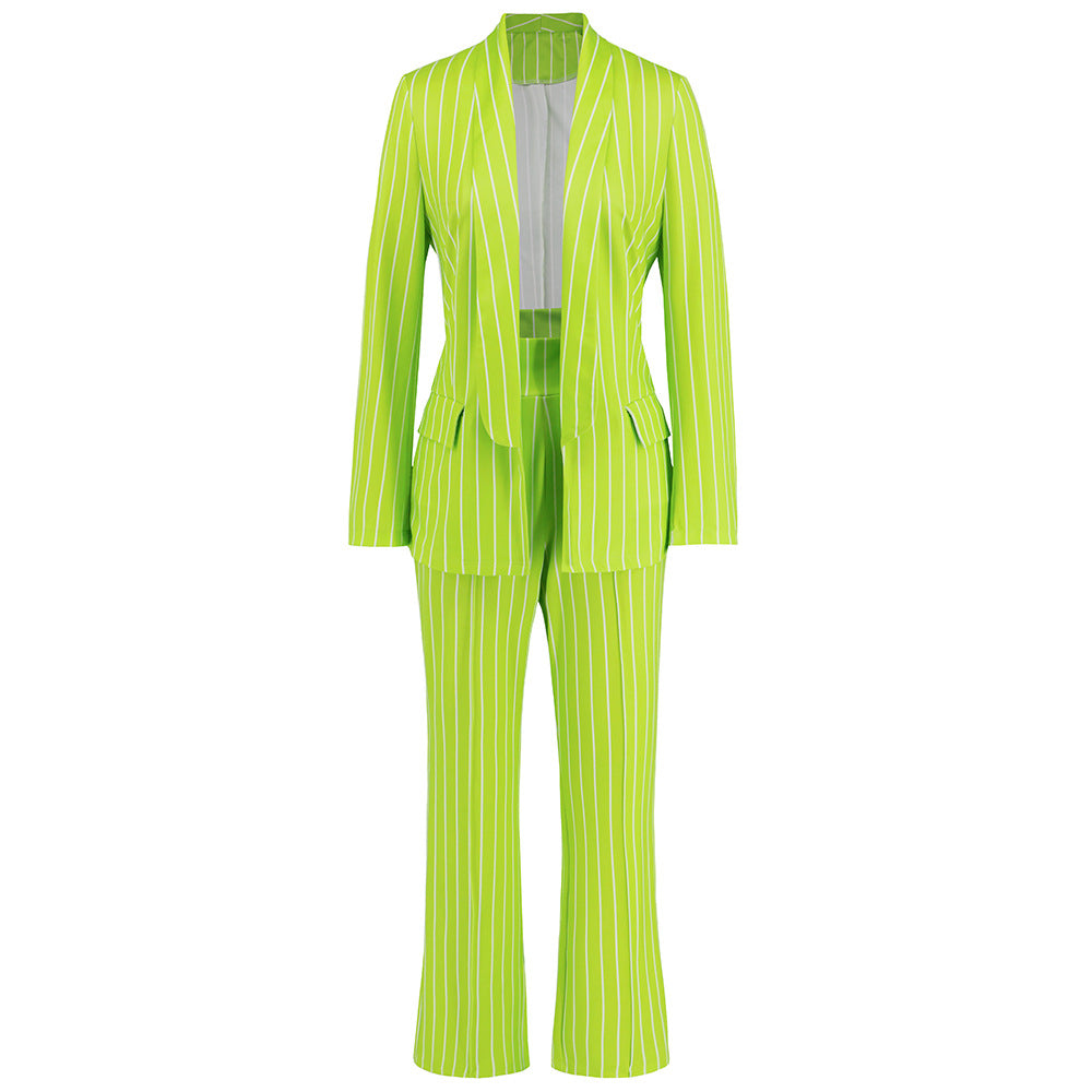 Autumn Winter Casual Striped Blazer Straight Wide Leg Pants Suit Two Piece Suit