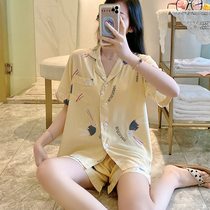 Poplin Pajamas Female Thin Short-sleeved Shorts Cartoon Printing Suit