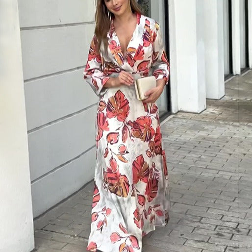 Vestido largo ajustado con escote en V profundo y estampado de otoño, manga larga, gran vuelo, ropa para mujer