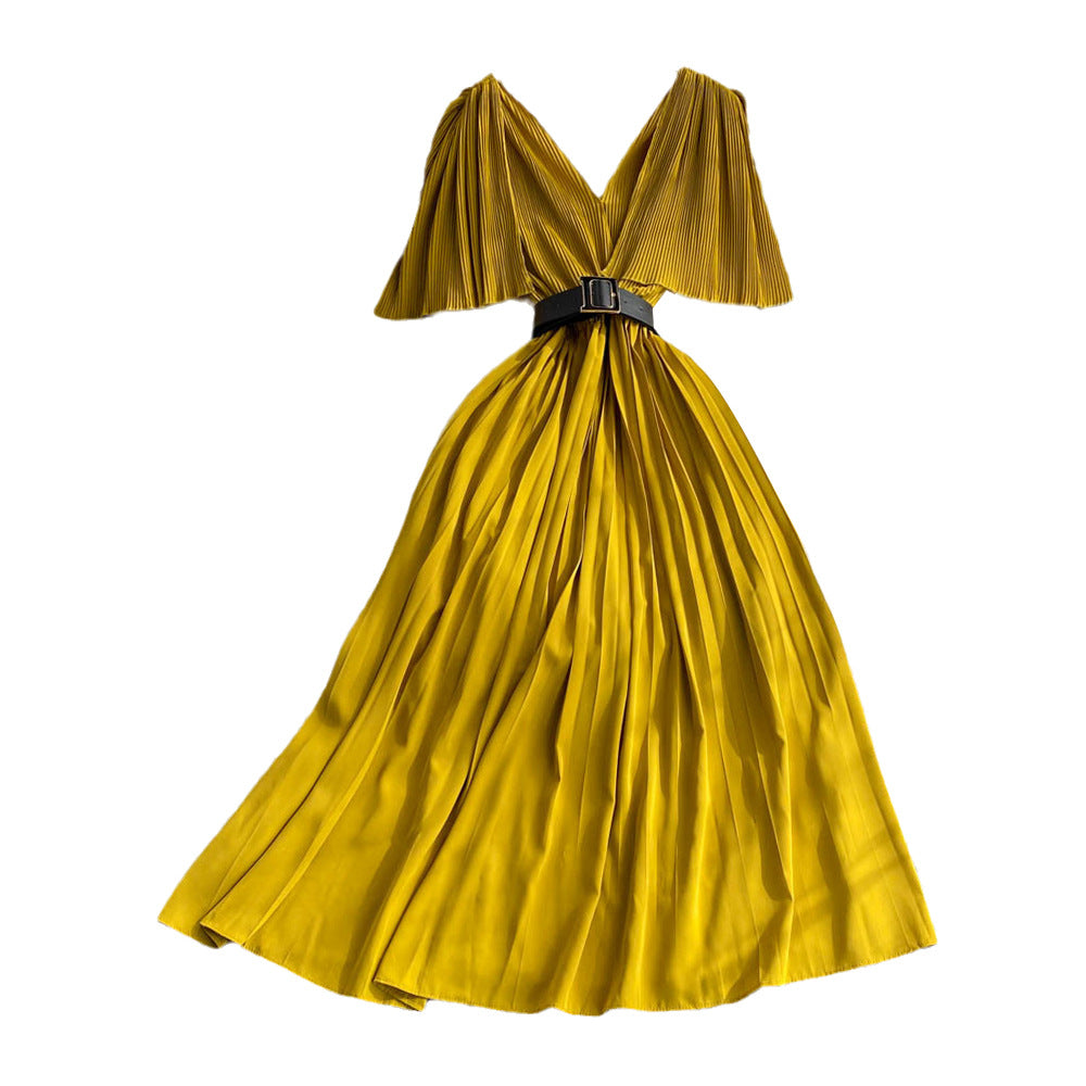 Socialite Temperament V-neck Flounce Waist Slimming A- Line Pleated Dress Elegant Swing Long Dress