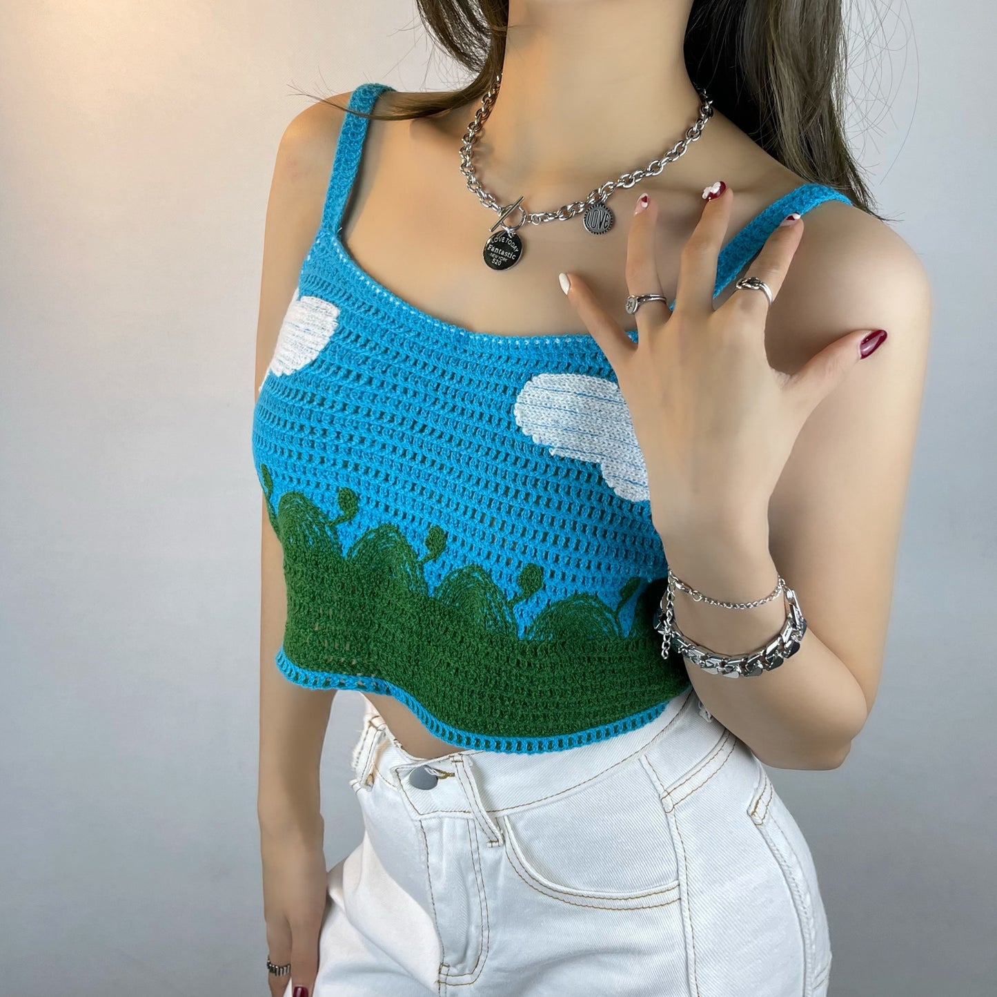 Spring Summer Fresh Blue Cloud Knitted Vest Camisole Exposed All Matching Short