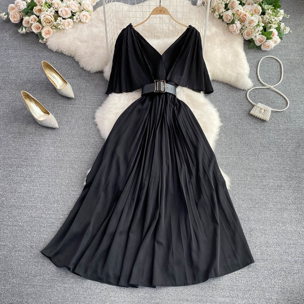 Socialite Temperament V-neck Flounce Waist Slimming A- Line Pleated Dress Elegant Swing Long Dress