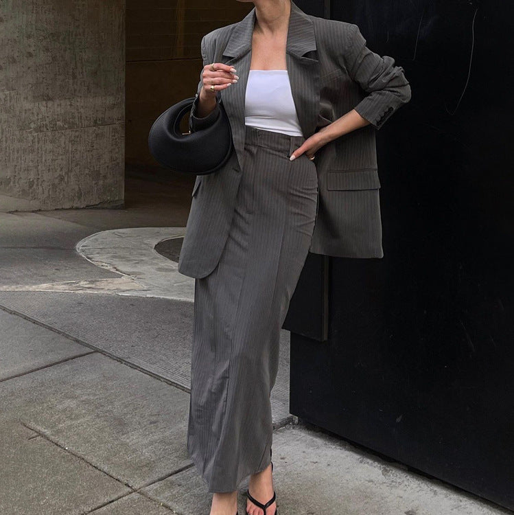 Office Suit Gray Striped Blazer Women's Spring Split Skirt Hip Skirt Two Piece Suit