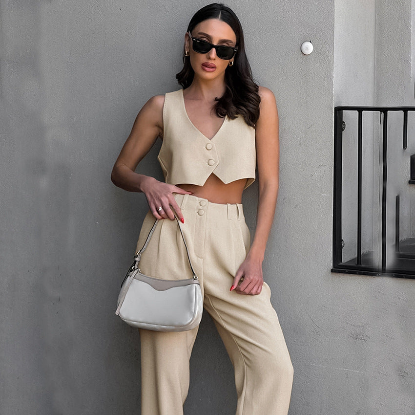 Solid Color V neck Sleeveless Vest Cropped Pants Suit Summer Women Clothing Two Piece Suit