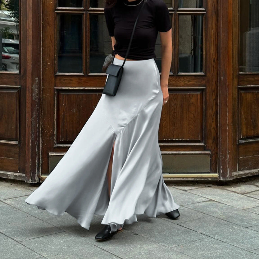 Vestido de satén con falda dividida para otoño e invierno, de satén, para mujer