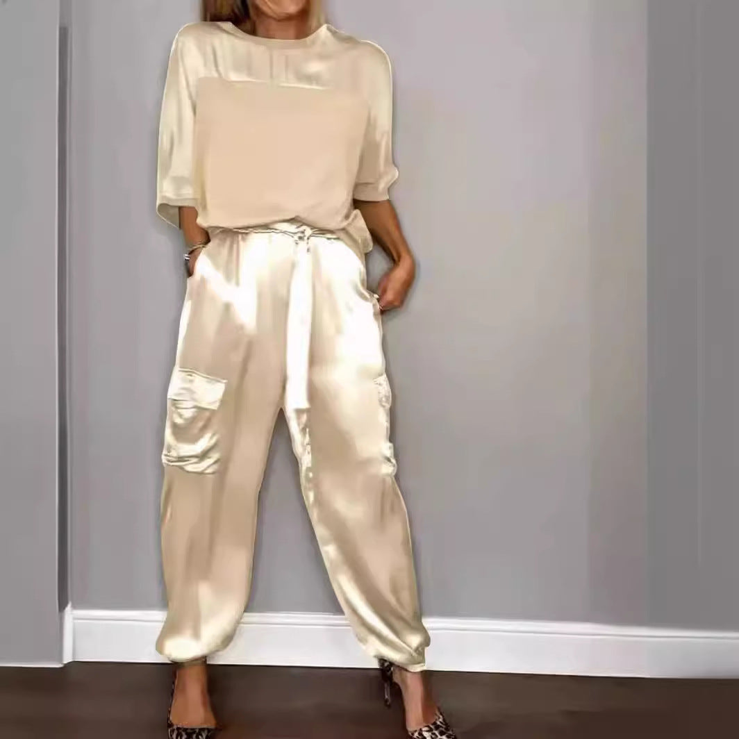 Fashion Women's Smooth Satin Half Sleeve Top Blouse And Pants Two-piece Set