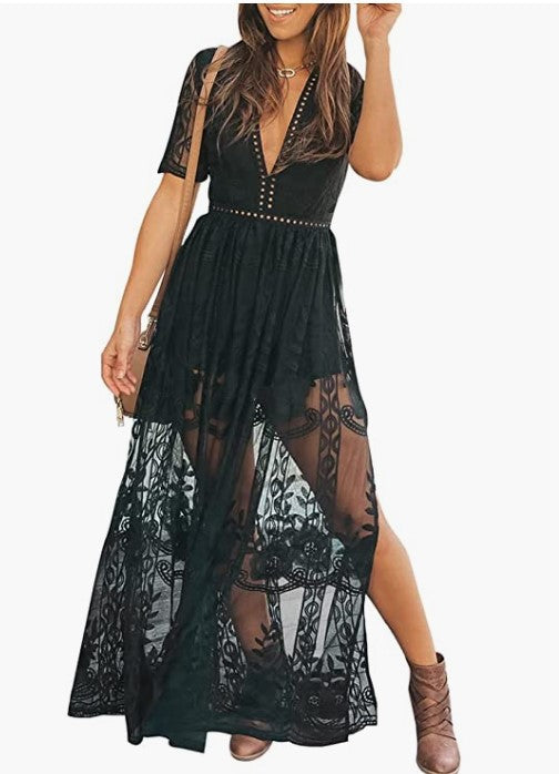 Embroidery Lace Deep V Split Holiday Lace Stitching Dress