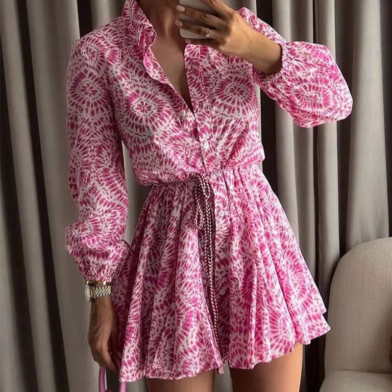 Women's Vintage Printed Frill Long Sleeve Dress