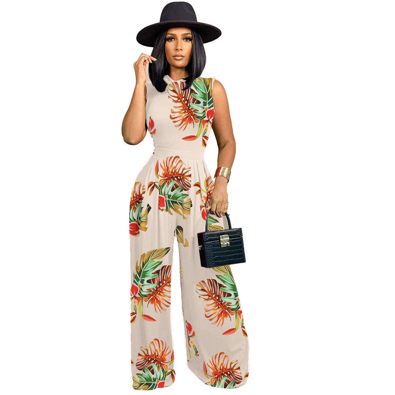 Women's Fashion Pattern Printed Sleeveless Leotard Wide Leg Pants Suit