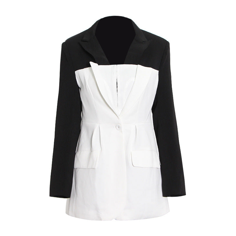 Otoño Negro Blanco Contraste Color Personalidad Costura Oficina Mujer Chaqueta Corta Blazer