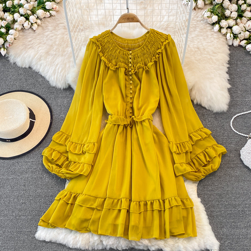 Ruffled Lantern Sleeves Round Neck Chiffon Dress