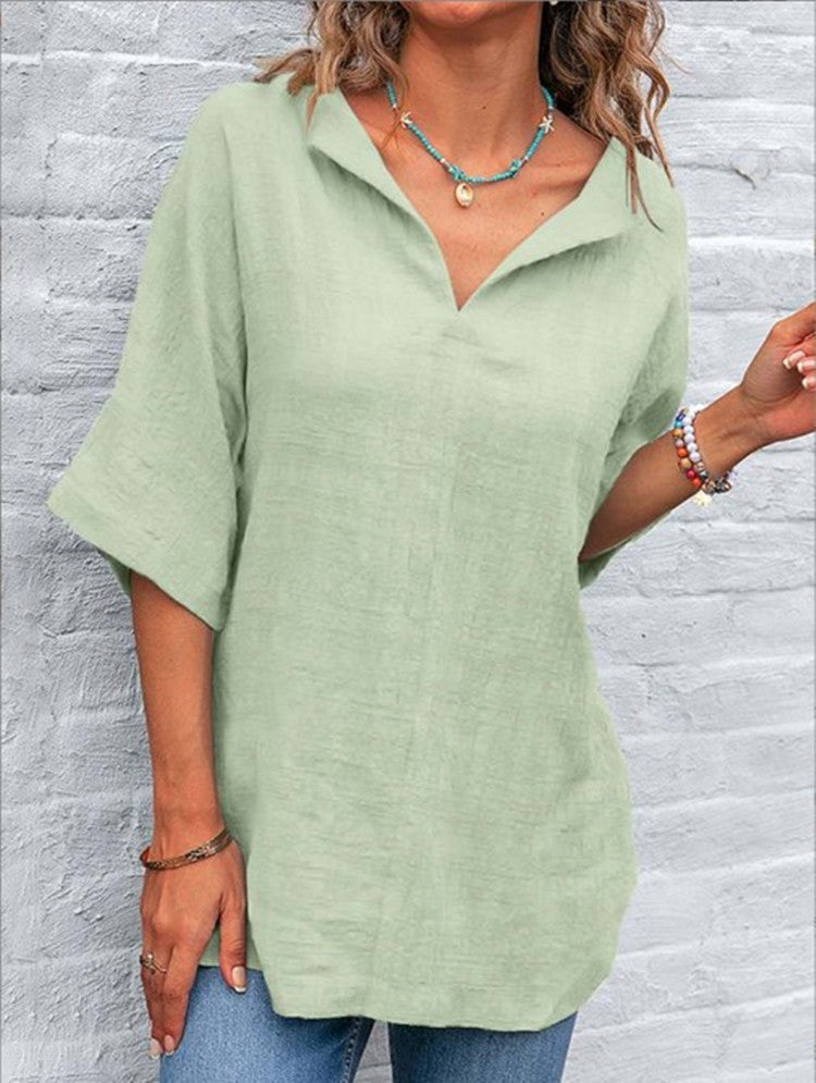 Women's V-neck Solid Color Cotton And Linen Top