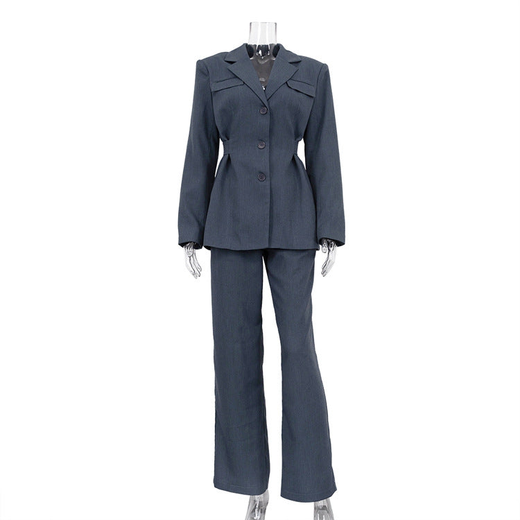 Women Clothing Spring High Sense Collared Waist Tight Blazer Casual Trousers Suit Suit