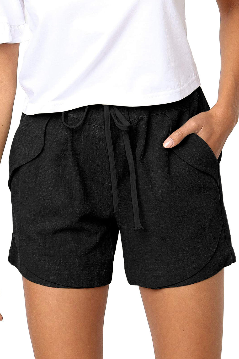 Women Clothing Short Summer Pleated Pocket A Line Stretch Lace Up High Waist Shorts