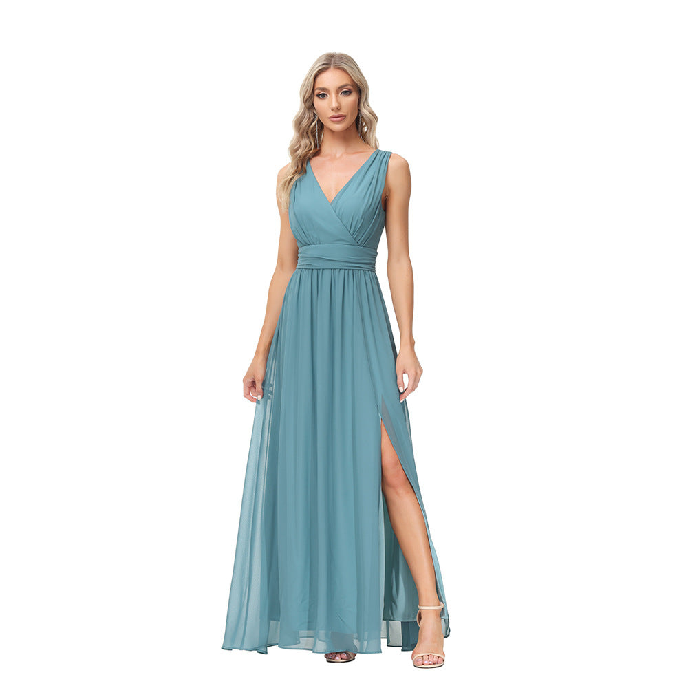 European And American Style Women Chiffon Double V-neck Sleeveless A- Line Evening Dress