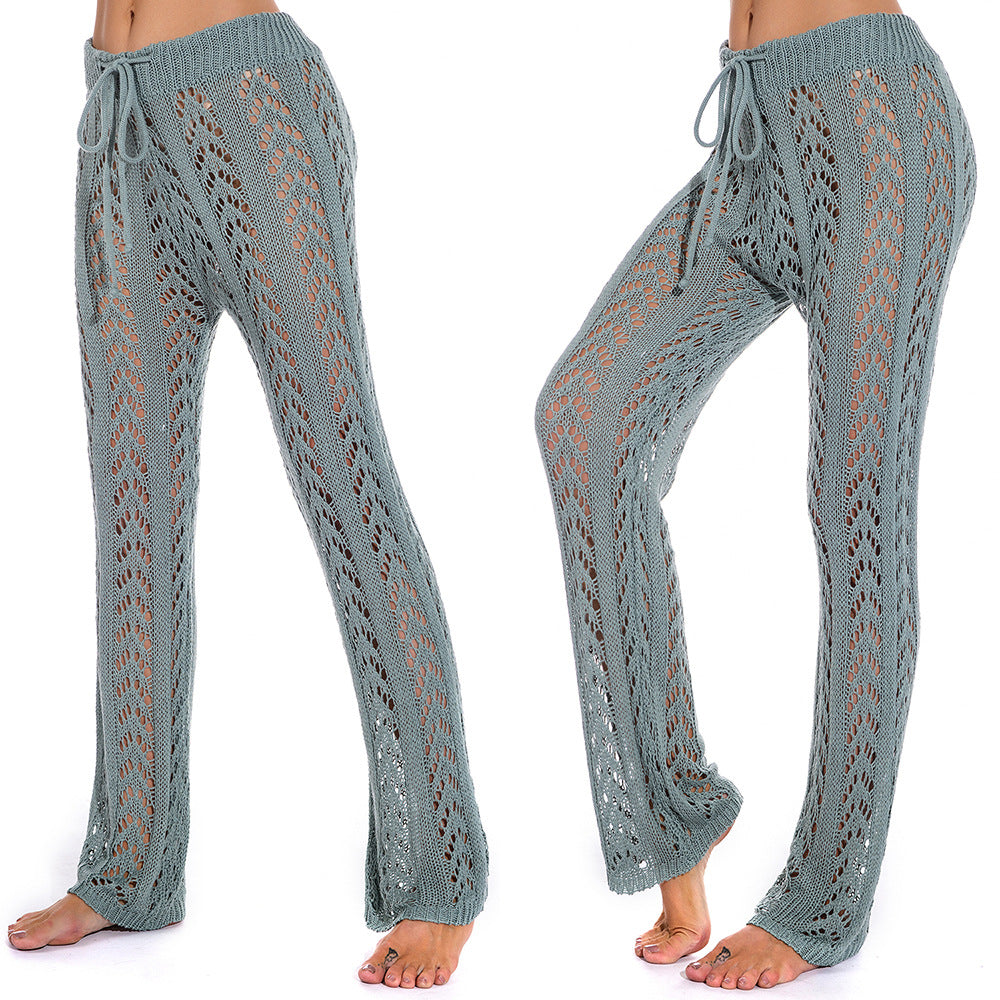 Llegada Pantalones anchos holgados con agujeros y recortes hechos a mano de crochet para vacaciones en la playa