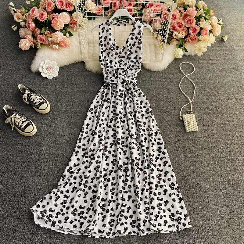 Floral Halter V Chiffon Dress