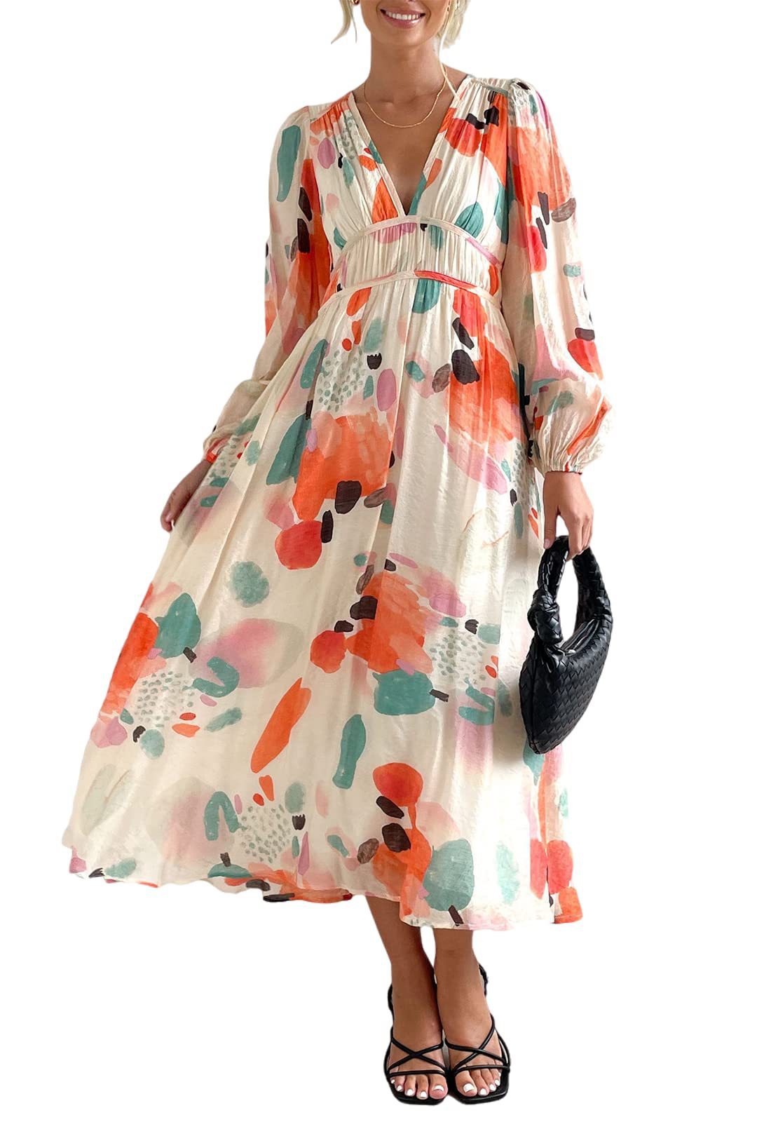 Deep V Print High Waist Long Sleeves Dress Women