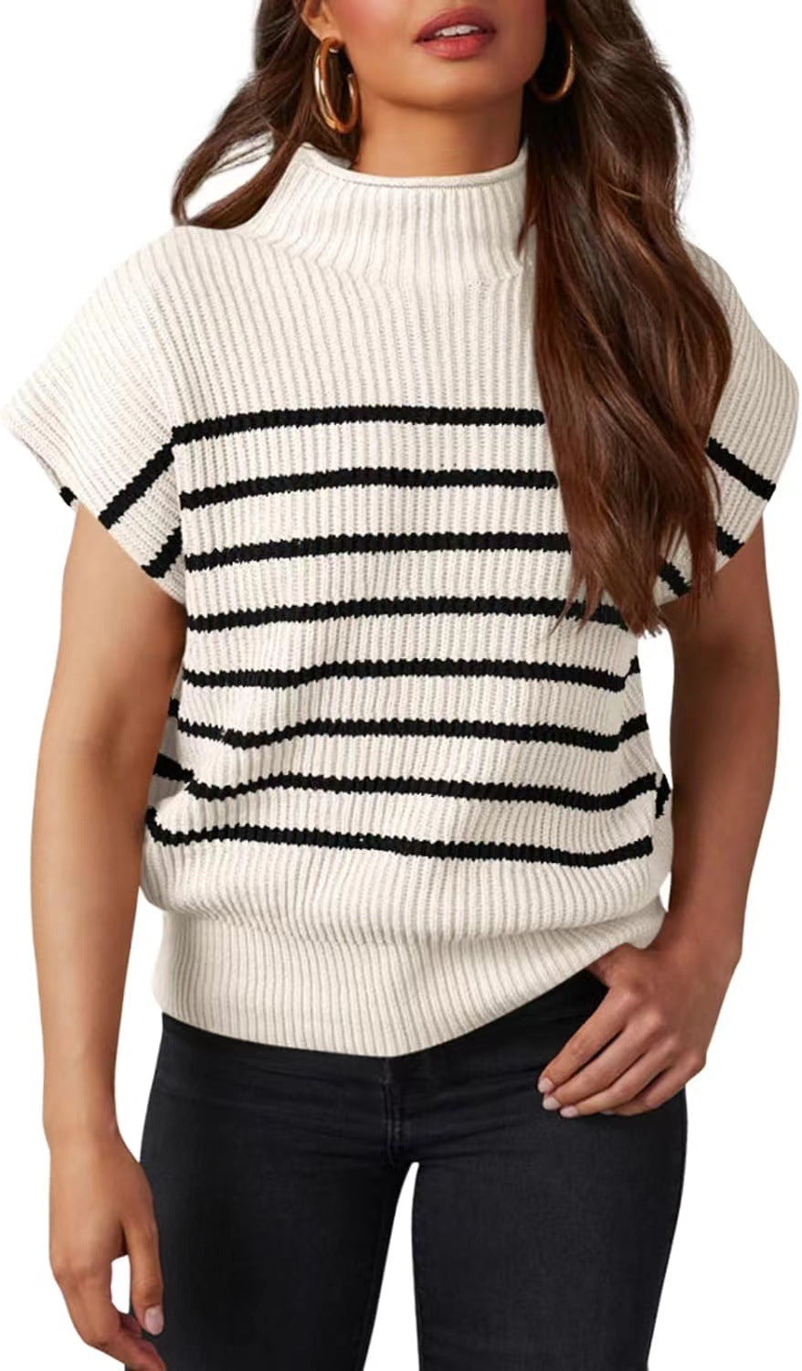 Women's Vest Sleeveless Turtleneck Slim Striped