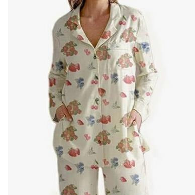 Ladies Two-piece Set Pajamas Long Sleeve Floral Fruit Printed